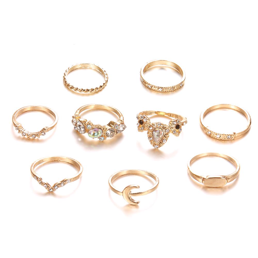 Retro Gold Women's Moonstone & Gem 9-Piece Ring Set