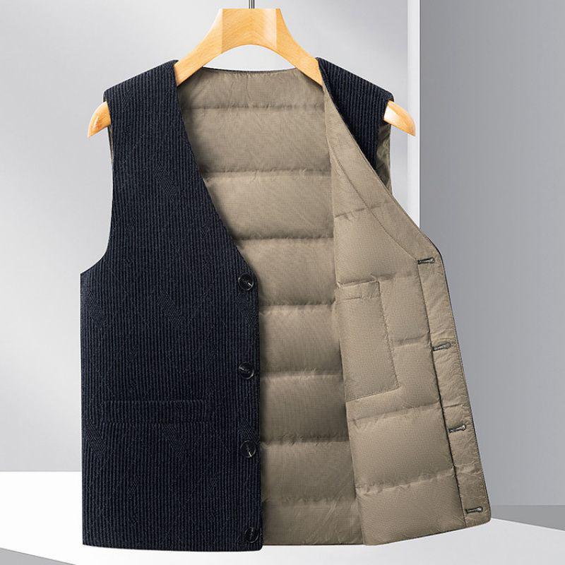 2025 Autumn/Winter Men's Corduroy V-neck Down Vest - Warm Vest for Middle-aged & Elderly