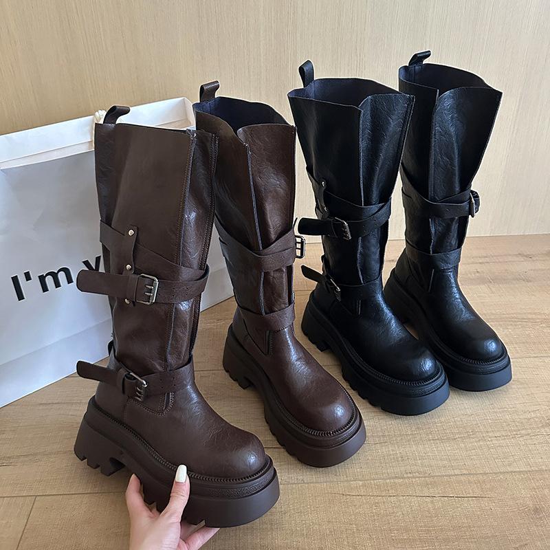Thick-soled belt buckle boots locomotive autumn new super fire retro versatile knight heightening boots versatile