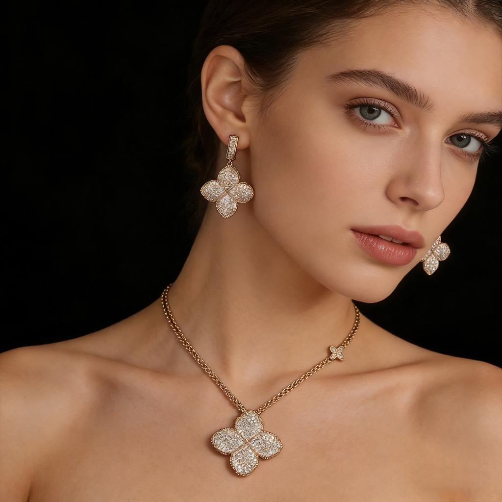 Gold Plated Iced Out Four Leaf Clover Necklace Earrings Set for Women, Luxury Full Pave CZ Quatrefoil Pendant Statement Jewelry,