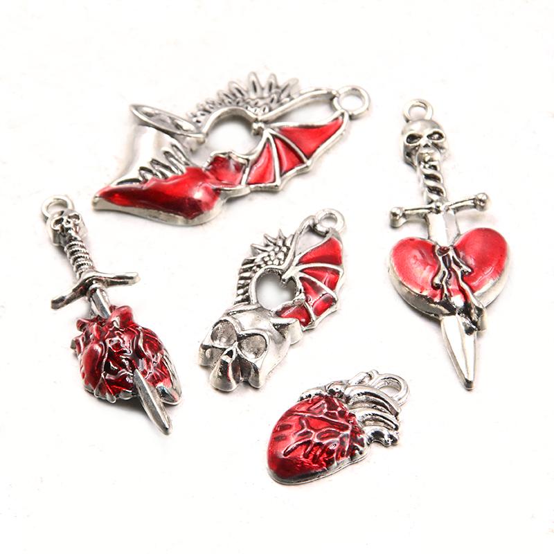 10Pcs Mix Size Alloy Metal Drop Oil Hollow Heart Skull Charm Red Color Pendant For Enamel DIY Bracelet Necklace Jewelry Making