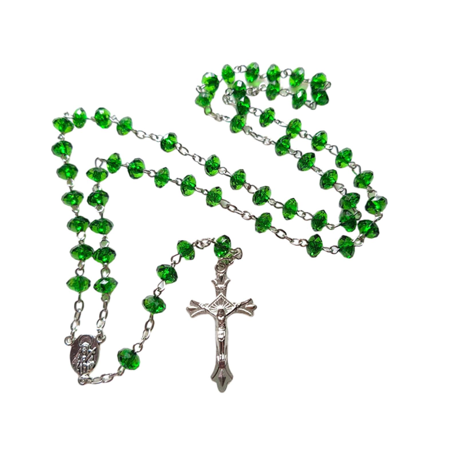 Green Stones Rosary Beads Necklace VirginMary ChristJesus Cross Pendant Necklace Women Men Catholic Jewelry Gift 1