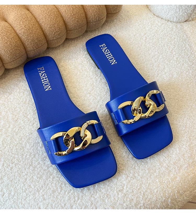 2025 Sommer Damen Quadratische Zehenpartie Flache Sohle Kettenschleife Sandalen, Koreanischer Stil, Große Größen, Lässige Einzelriemen