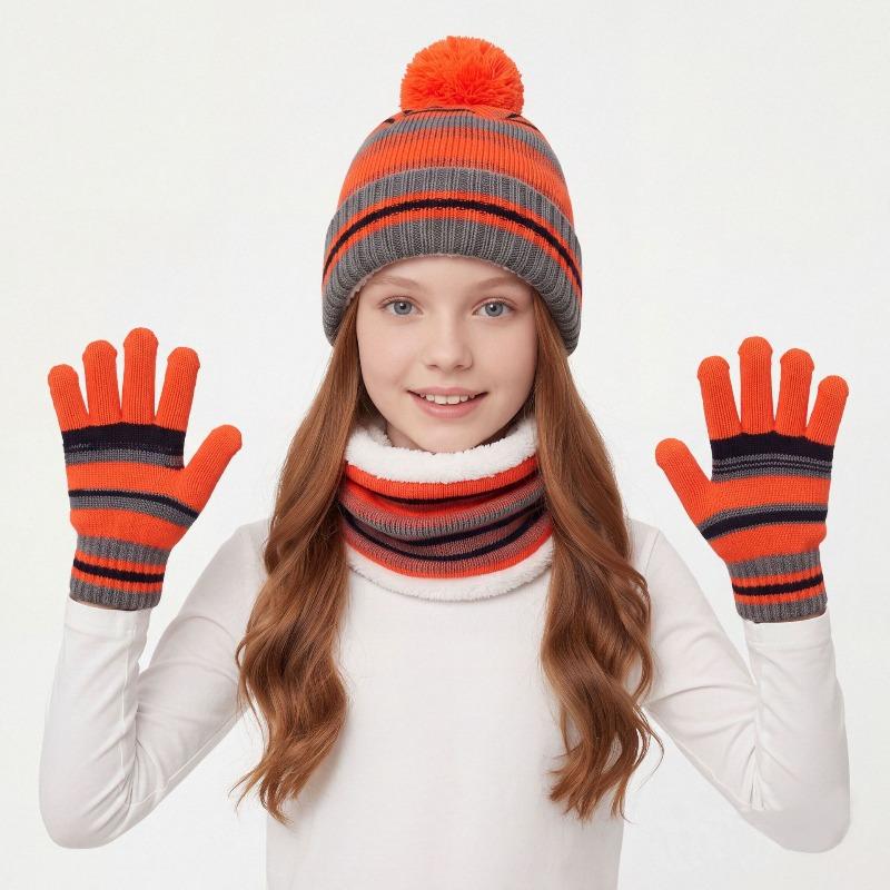Children's Hat, Scarf, Gloves, Three Piece Set, Striped Autumn and Winter Knitted Fleece Kindergarten Warm Suit
