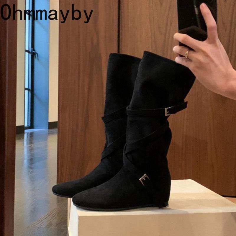 Autumn Winter Women Western Cowboy Boots Fashion Soft Pleated Shoes Female Concise Internal Elevation Long Booties