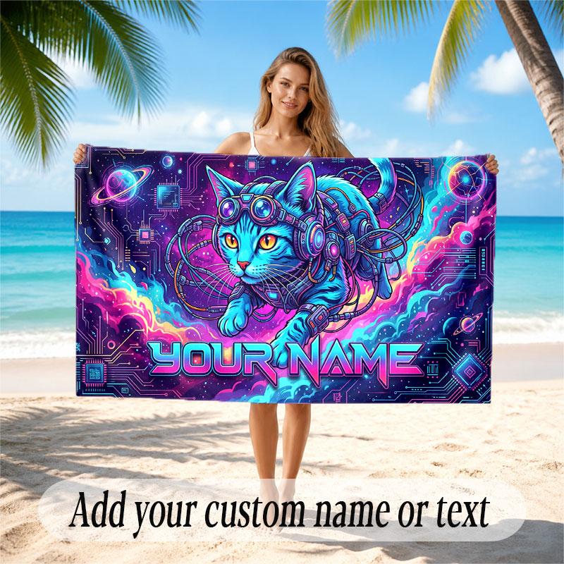 Cat Theme Soft Beach Towel Personalized Custom Name Text Towel Portable for Beach Pool Travel