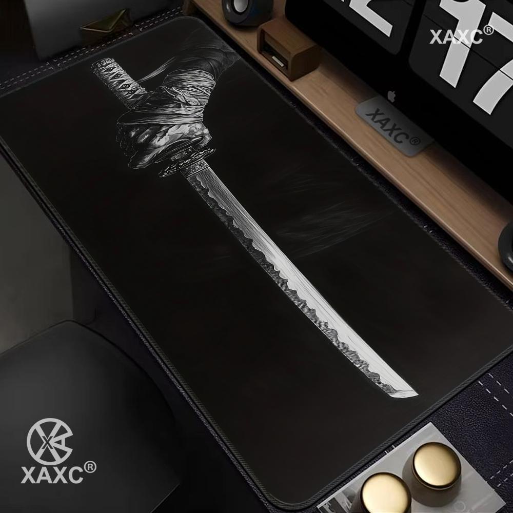 Black Aesthetic Samurai Sword Mouse Pad Gaming mats NonSlip Desk Mat mouse carpet with Stitched Edge printing Office mat HYBXXC 400x800x2mm