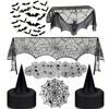 Halloween Dekorationen Set Schwarzes Spitzen Spinnennetz Runder Tischläufer, Riesiges Spinnennetz Kamin Schal mit 3D Fledermäusen Wandaufkleber