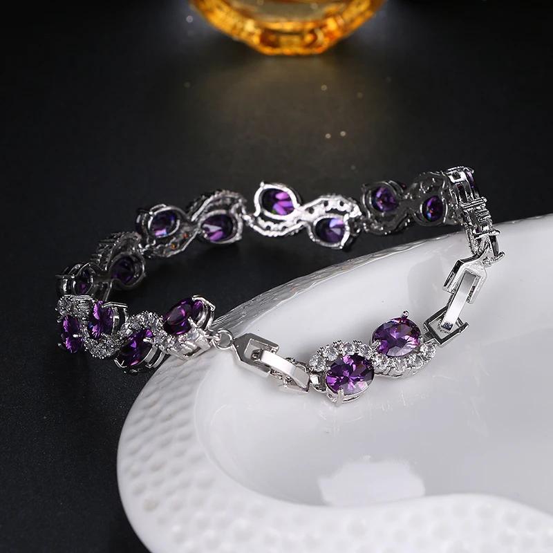 Nytt glitrende lilla krystall hvitt zirkonia komplett sett armbånd dame elegant temperament zirkon tilbehør fest feriegave
