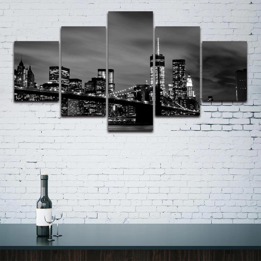 Canvas Painting Wall Art 5 Pcs New York Skyline Bridge Night View Poster Prints Modular Picture Home Decor Living Room No Framed