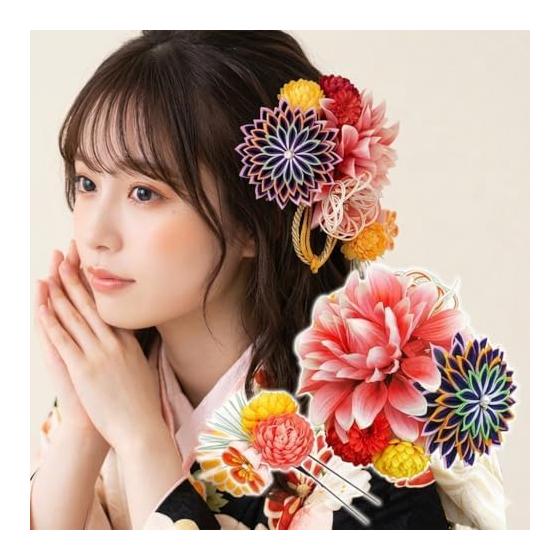 2-Piece Hair Accessory Set: Kanzashi WK-108, Tsumami Zaiku, Large Size, Red, Pink, Purple, Comb, Pin, for Coming-of-Age Ceremony, Furisode, Yukata,