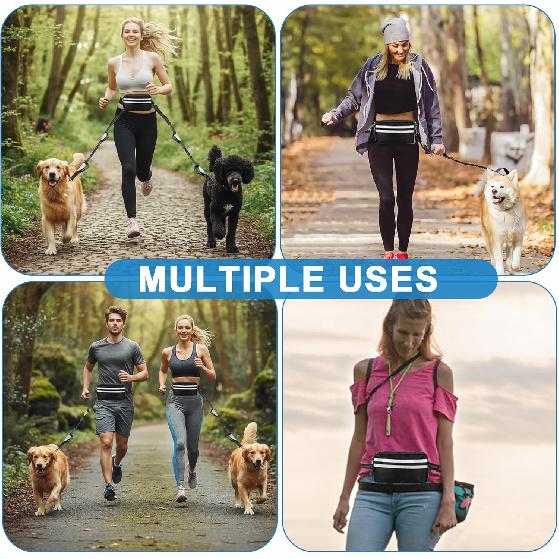 Hands Free Dog Leash for 1-2 Dogs with Zipper Pouch & Bungee Rope | Adjustable Waist Belt, Dual Padded Handles & Safety Lock | Reflective for