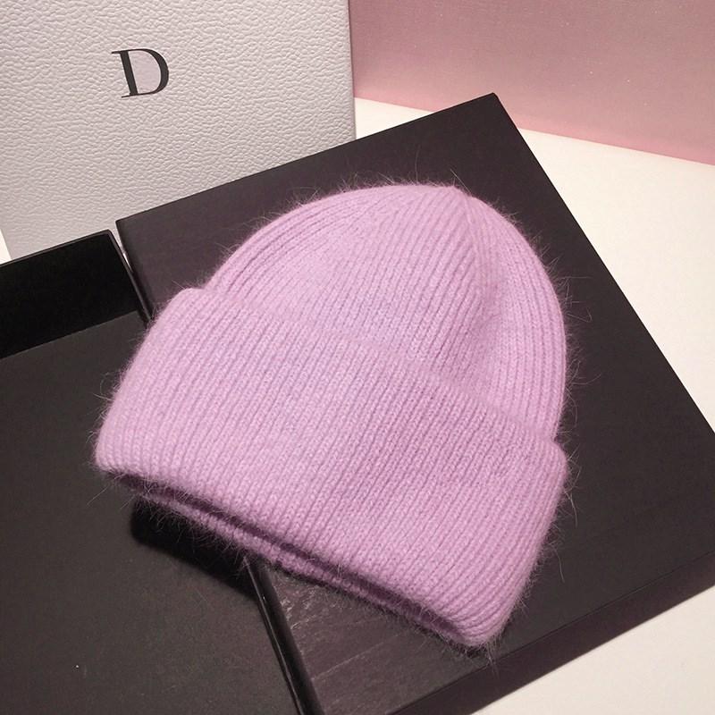 Soft Sticky Rabbit Fur Knitted Woolen Hat for Women In Winter Solid Color Warm Cover Head Showing Small Face Hats & Caps (women’s)
