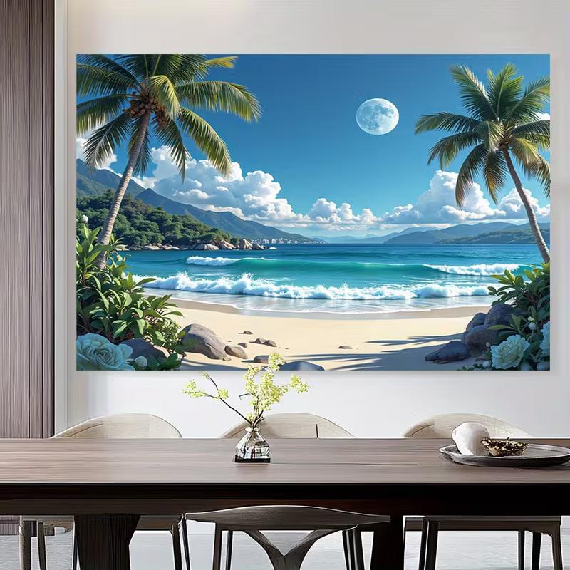 2D Moonlit Ocean Waves and Sand Shore Backdrop Photography Background Banner