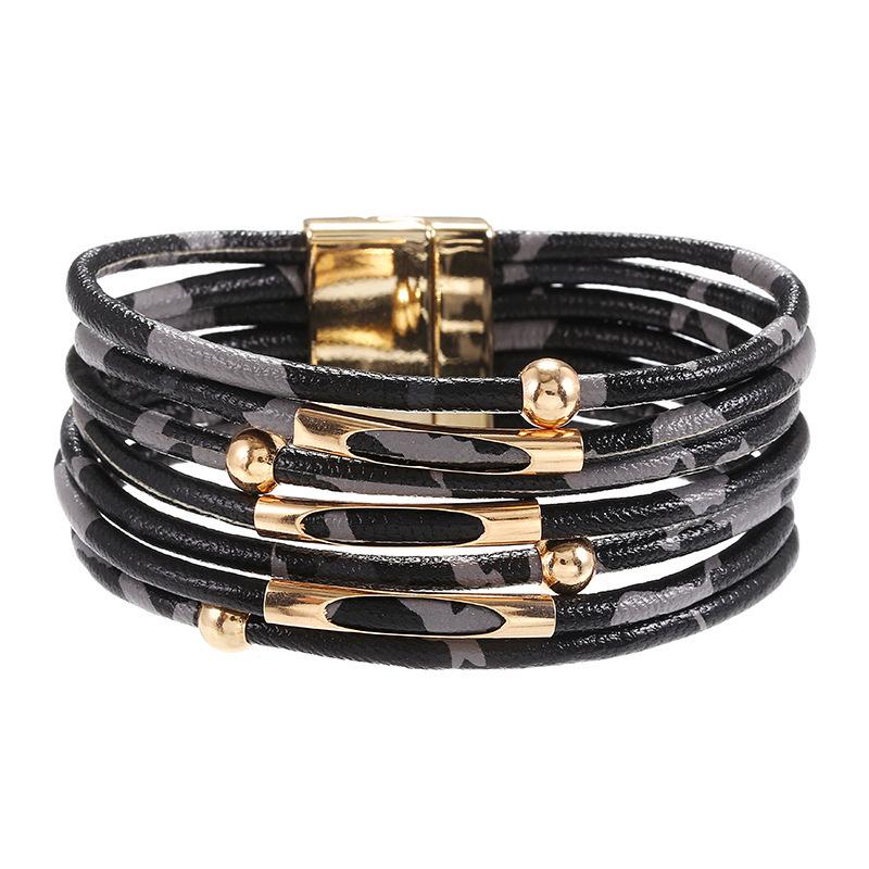 Leopard Print Magnetic Buckle Leather Bracelet: Alloy Beaded Cord with Copper Tube