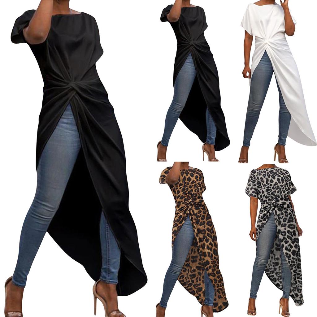 Dámský asymetrický lem jednobarevný leopardí potisk s kulatým výstřihem, volný krátký rukáv