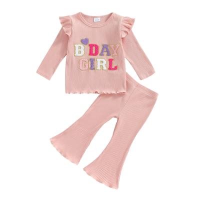 Little Girls Birthday Outfit Sets Flying Sleeve Letter Embroidery Tops Solid Color Flared Pants Sets