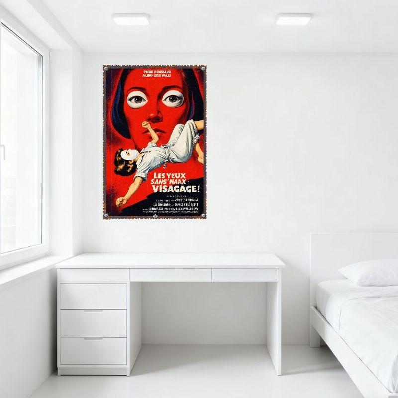 Vintage Les Yeux Sans Visage Movie Poster Metal Tin Sign, Red Background Rusty Border, Horror Film Decor for Bar Pub Home Cafe W