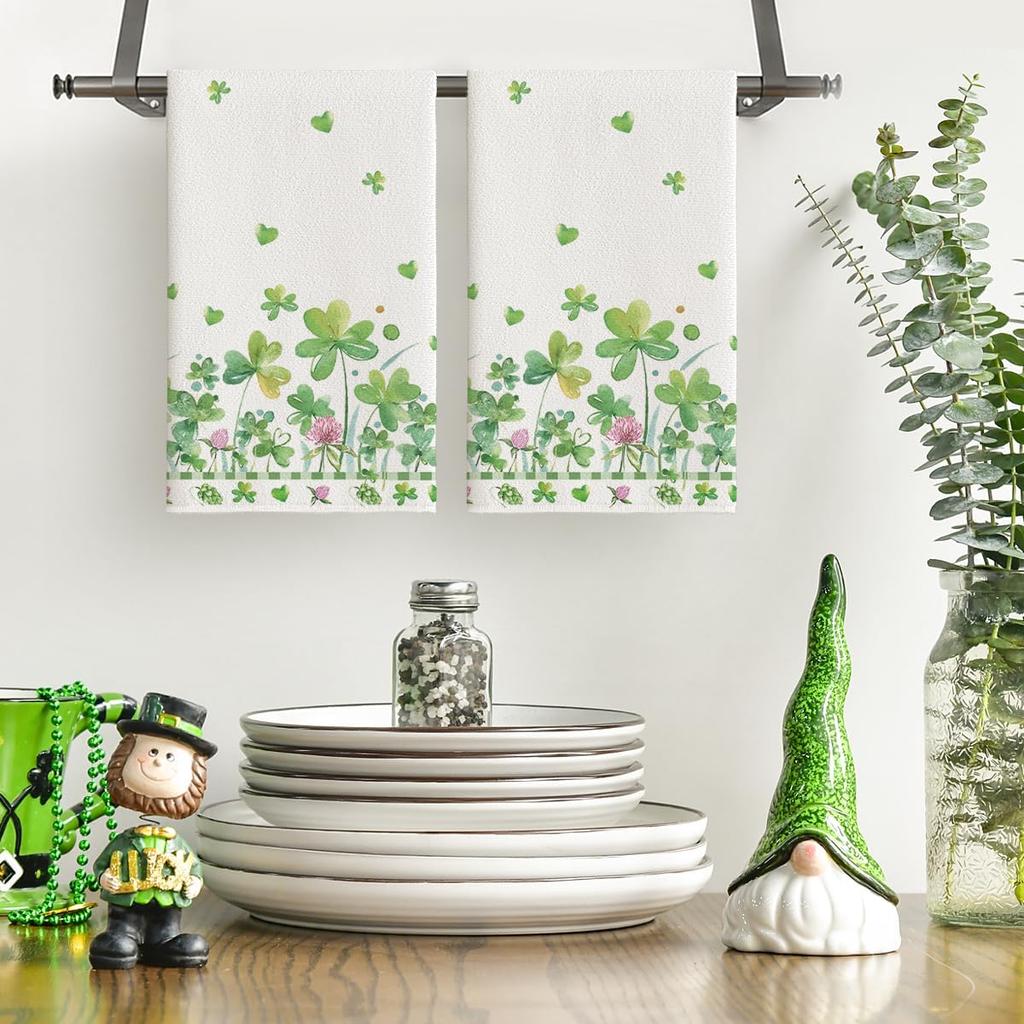 Artoid Mode Beige Shamrock Flower Heart St. Patrick's Day Kitchen Towels Dish Towels, 18x26 Inch Farmhouse Spring Decoration Hand Towels Set of 2