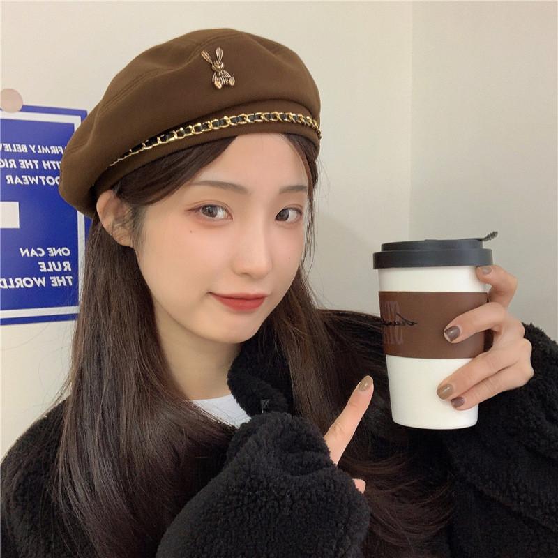 Beret Stylish Retro For Women Sweet Look With Embroidered Detail Chain