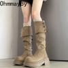 Vintage Platform Thick Heel Women Over The Knee High Boots Fashion Double Fold Wearing Mordern Long Botas Para Mujer