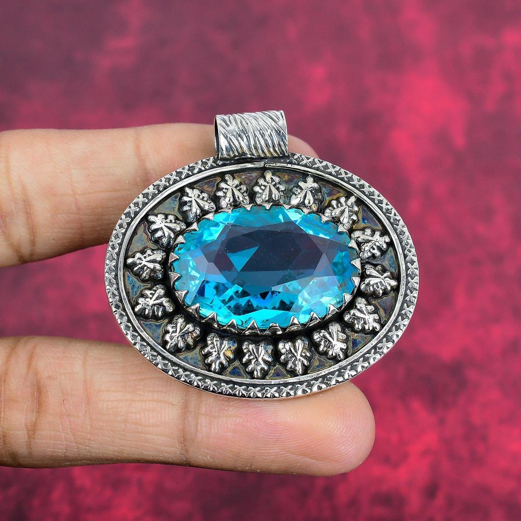 Blue Topaz Pendant, 925 Solid Sterling Silver Gemstone Jewelry, Handmade Pendant, For Thanksgiving