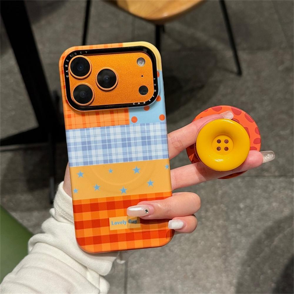 Korean Plaid Pattern Stripes Magnetic Phone Case For iPhone 17 Pro 16 15 14 Pro Max Cover with Cute Button Stand Hard Cases Fund