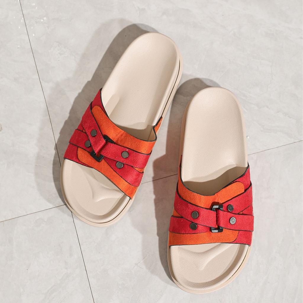 One-pedal slippers for home wear, red fabric decorative flats, comfortable and simple double-layer white flat slippers