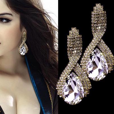 Women Sparkling Rhinestone Luxury Waterdrop Golden Tone Drop Studs Earrings KTJ
