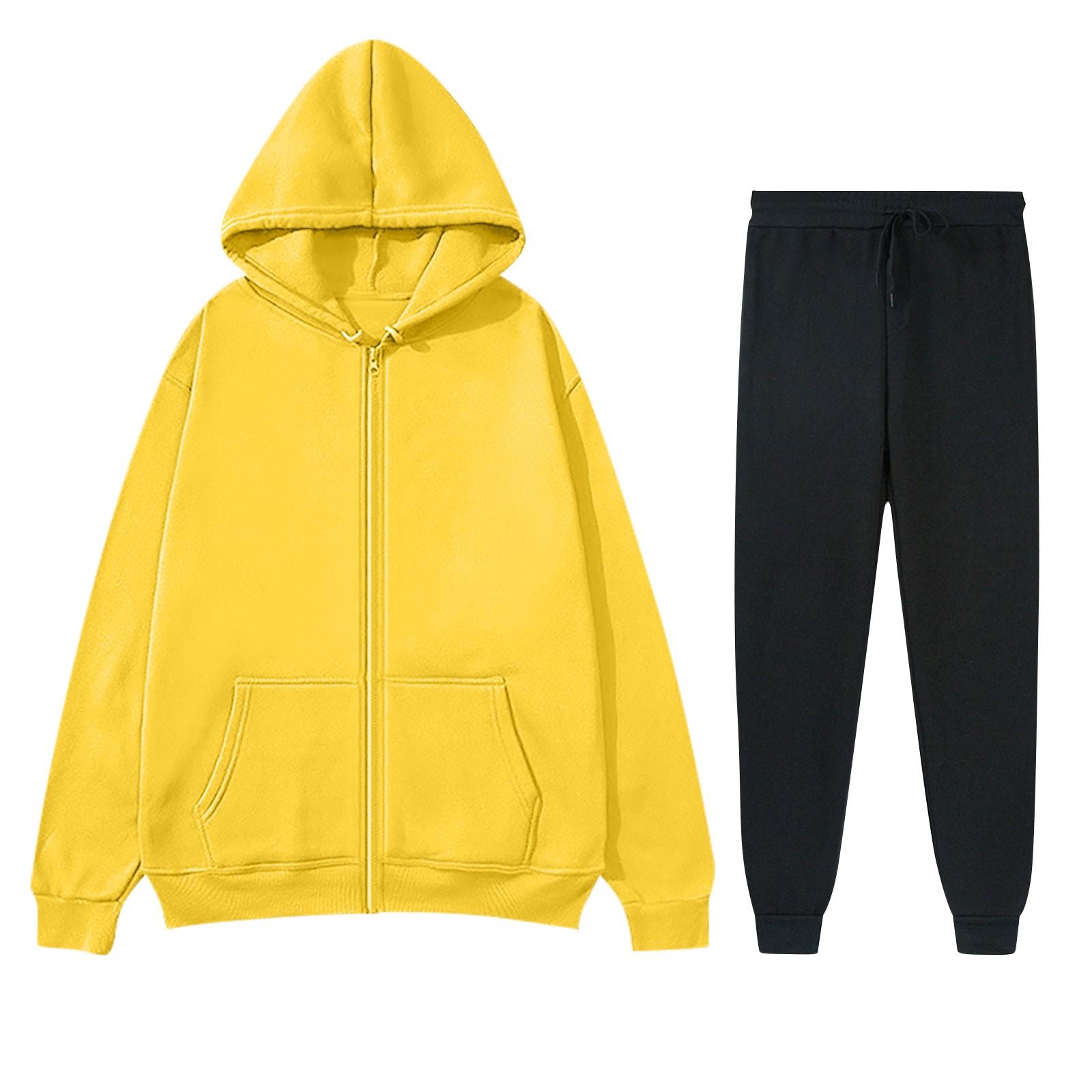 

Женский модный повседневный однотонный спортивный комплект Fashion Hugh, кардиган с капюшоном, толстовка + спортивные штаны XL жёлтый