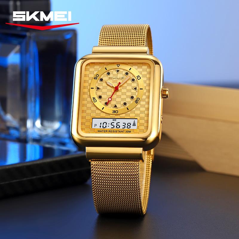 SKMEI 2466 Luxury Quartz Watch for Men Women Stainless Steel Digital Wristwatch Waterproof Dual Display Clock Girl Reloj Hombre
