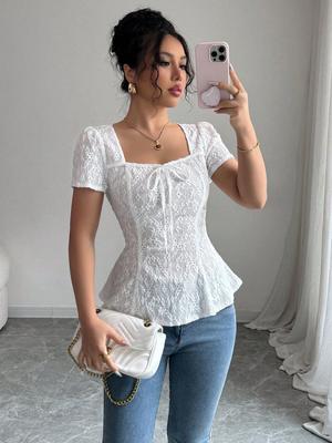 Elegant Women's Summer Lace Top with Square Neck and Bow Short Sleeves