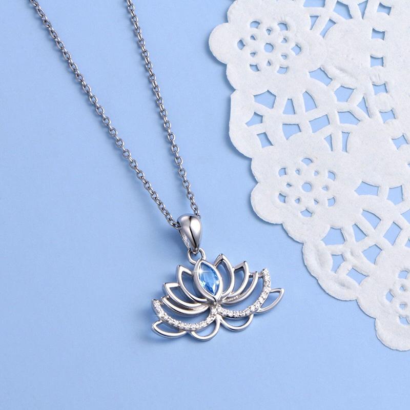 Lotus Flower Pendant Necklace for Women, Blue Crystal Yoga Inspired Necklace, Sparkling Floral Jewelry