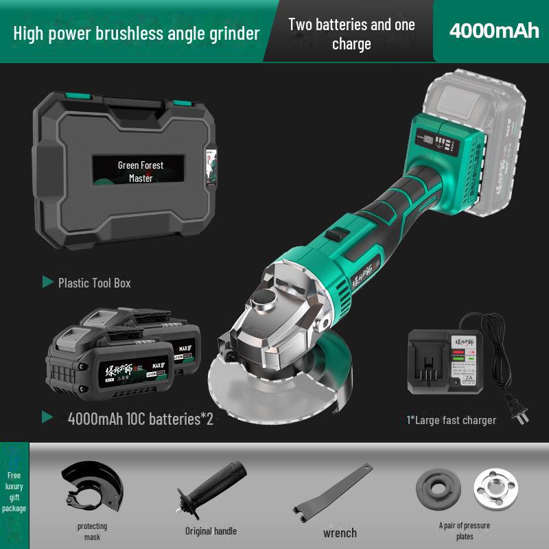 Green Forest Master Brushless Rechargeable Angle Grinder - High Power Lithium Battery for Polishing, Cutting, and Grinding.