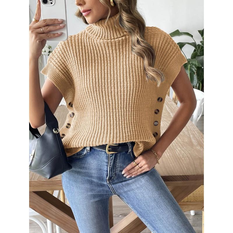 Womens High Neck Knit Vest With Button Detail Casual Sleeveless Top Street Style