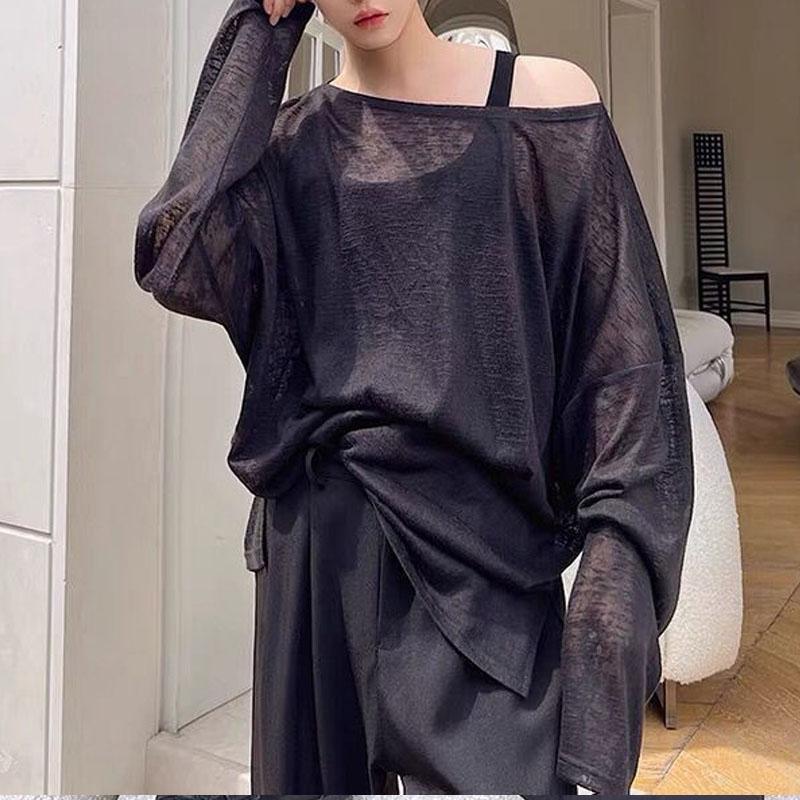 Pánské oblečení v korejském stylu Kulatý výstřih Průsvitný Dlouhý rukáv Pánské Prodyšný Tenký styl Volné Ležérní Módní tričko