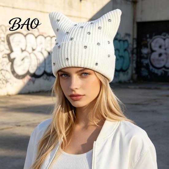 Knitted Winter Hat for Women Cat Ear Girls, Striped Slouchy Crochet Headgear Trendy Festival Fashion with Shiny Rhinestones, Cute Warm Cap Contrast