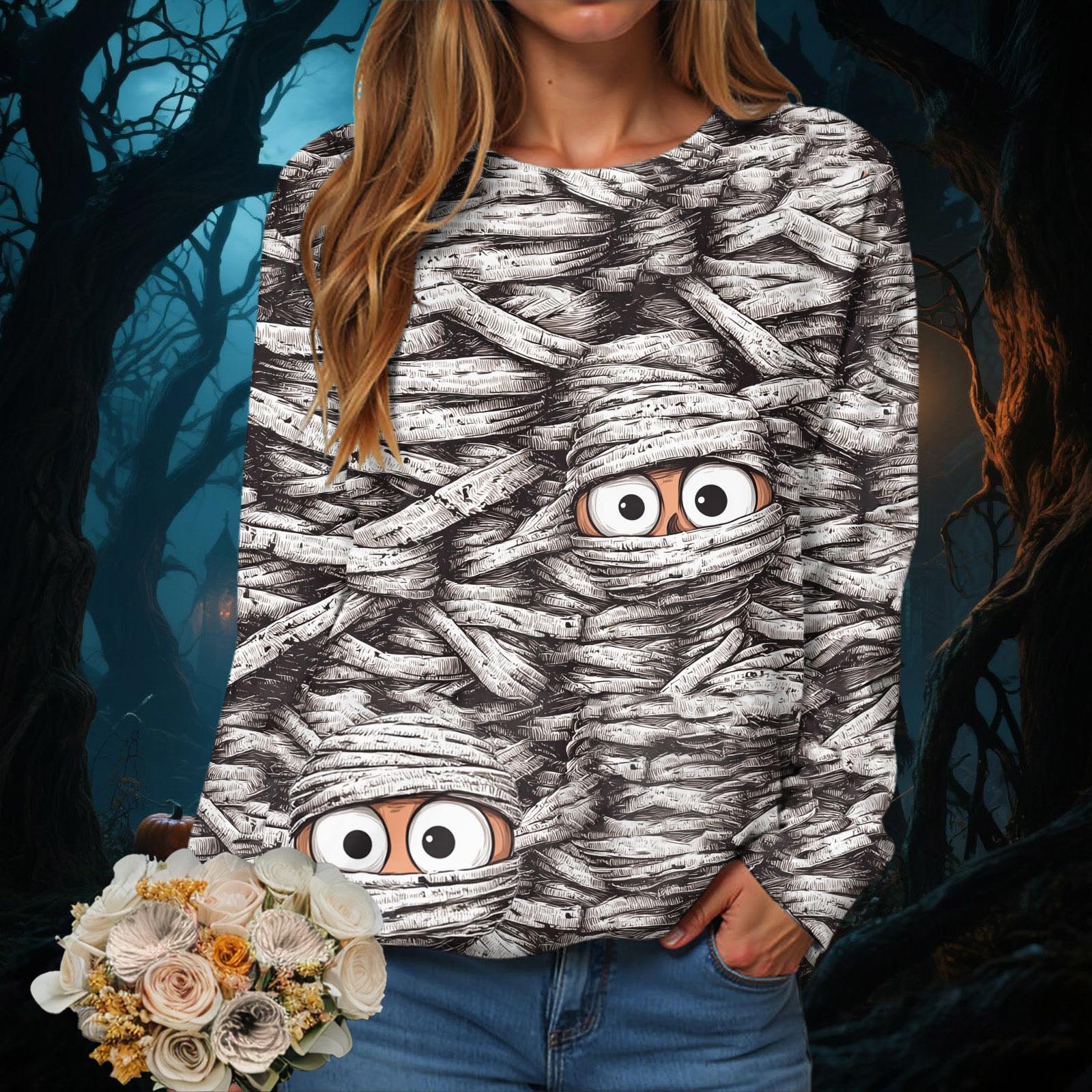 

Halloween Series 3D Digital Printed Women s Harajuku Style Casual Round Neck Long Sleeved T-shirt 5XL серый