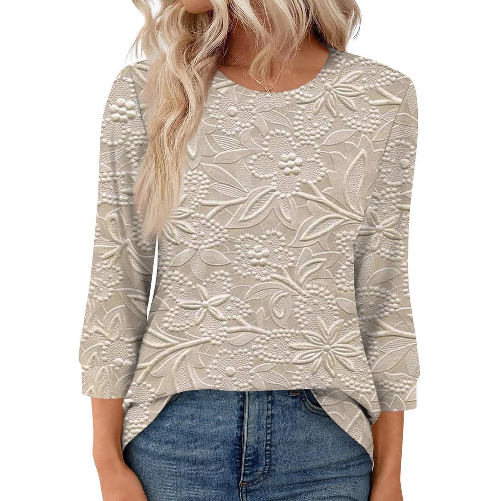 Women's Fashion Casual Round Neck 3/4 Sleeve Loose  Printed T-Shirt Ladies Top