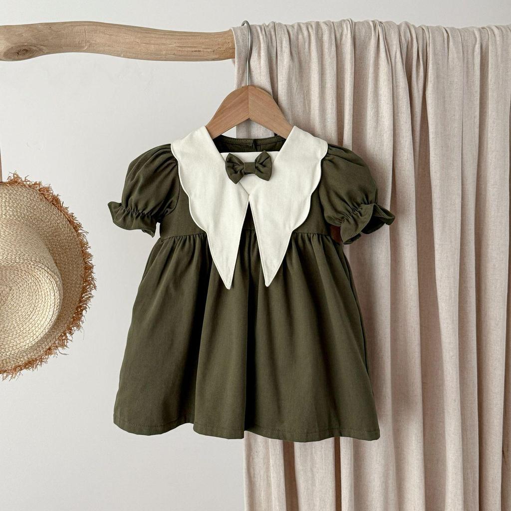 Dziewczęca Sukienka Letnia w Stylu Retro dla Malucha z Kołnierzykiem Piotrusia Pana i Krótkim Rękawem