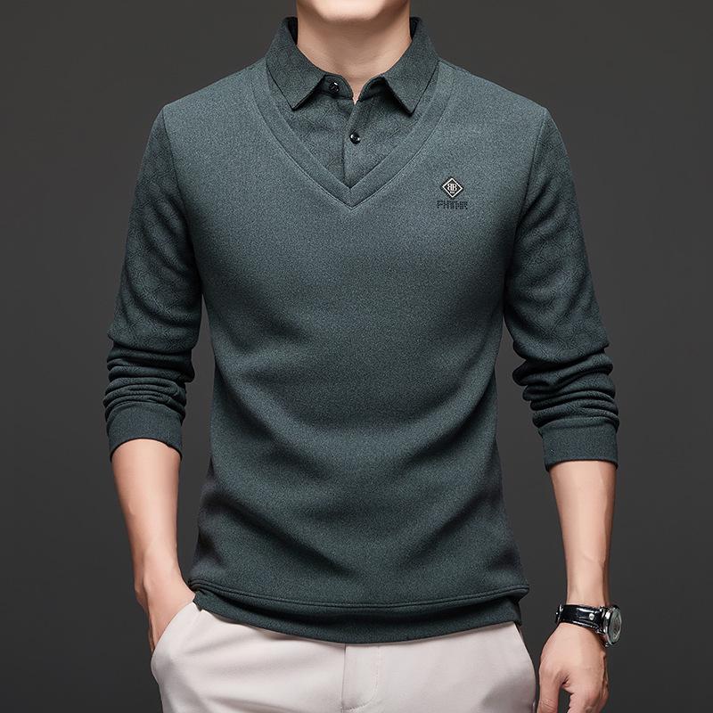 Men's Two-Piece Base Layer Long Sleeve Polo Shirt - Thickened Knit with Velvet, Wool Lapel, Casual Style for Middle-Aged.