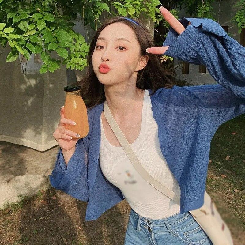 

Легкий вязаный кардиган с рукавами-трубой, женская солнцезащитная куртка-рубашка One Size