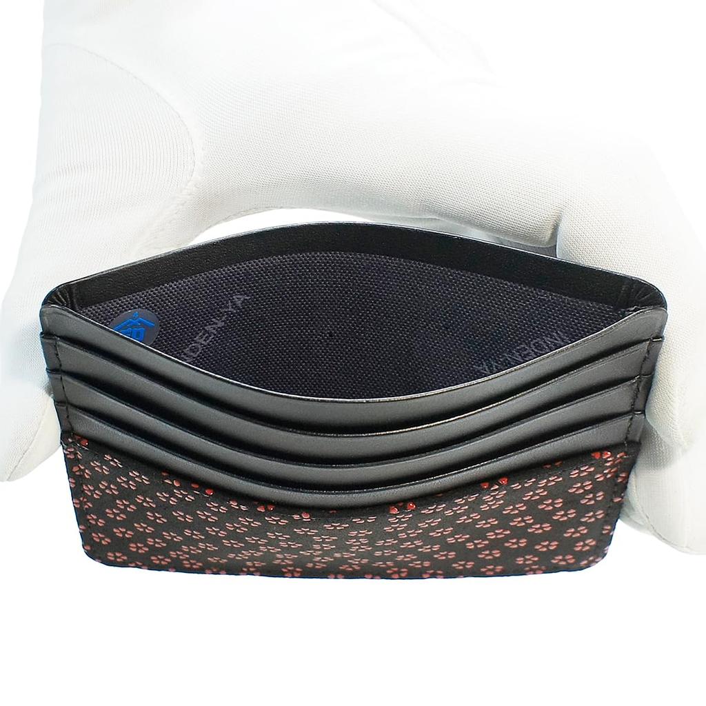 Indenya Slim Card Case, Thin, Deerskin Leather, Black with Red Lacquer, Small Cherry Blossom Pattern, 2530-21-002
