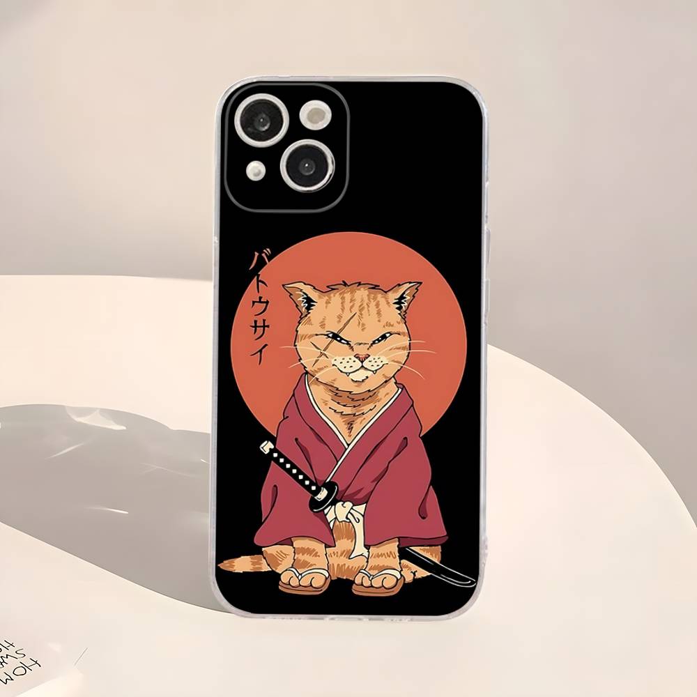 Japanese Samurai Cat Ramen Transparent Phone Case For IPhone 16 15 14 13 12 11 Pro Max Plus Soft Cover