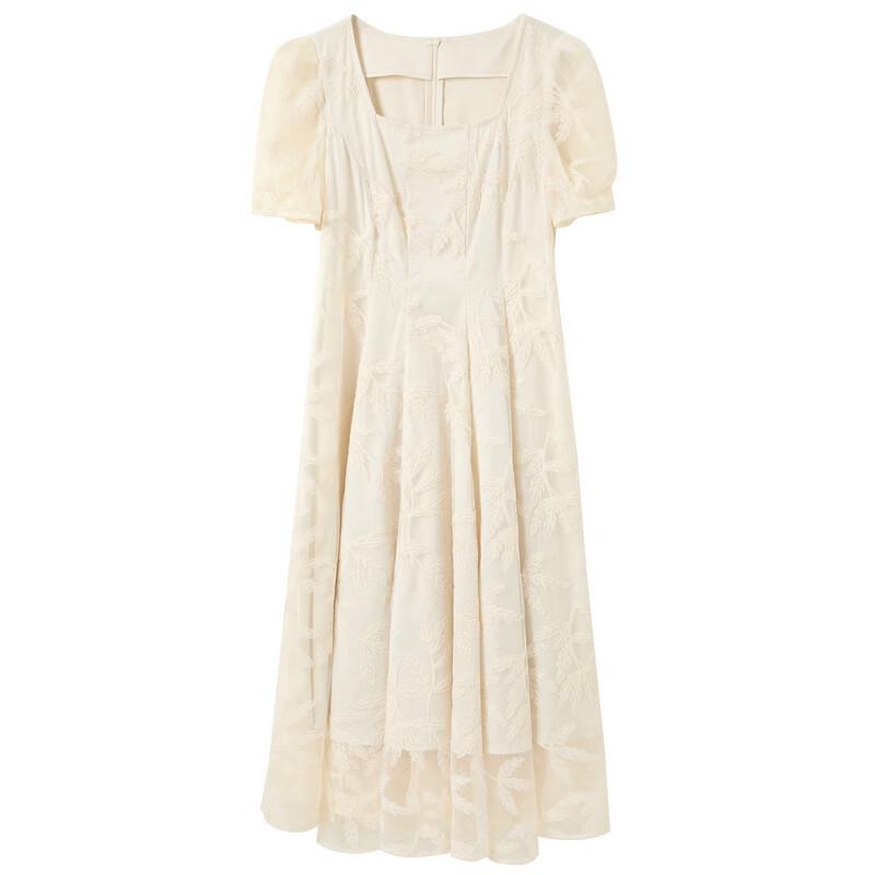 Sancai 2025 Summer Women's Embroidered Mesh Square Neck High Waist Midi Dress