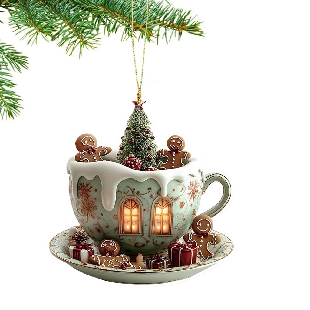 2D Acrylic Christmas Tree Pendant Ornaments Coffee Cup House Shape Decorative For Car Mirror Hanging 2025 Xmas Naviadad Party
