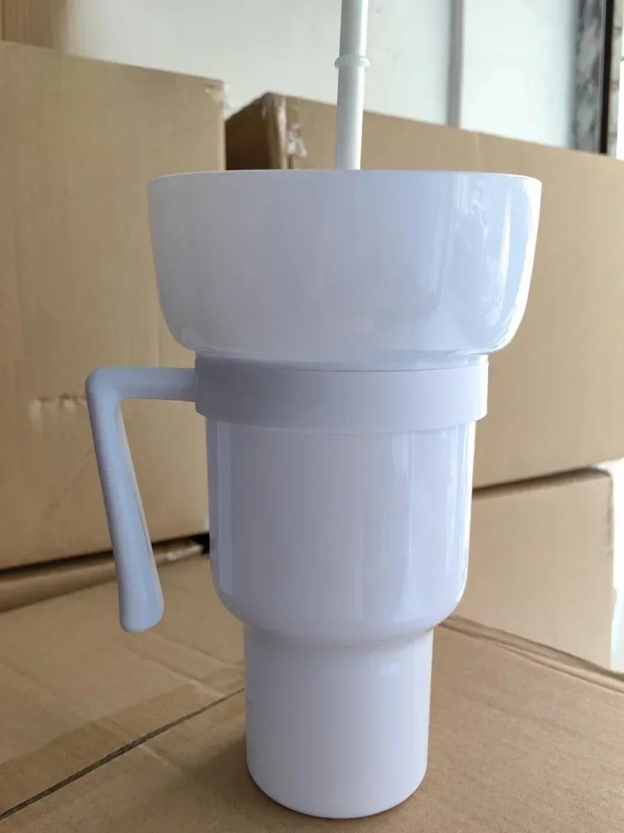 

2в1 Миска для закусок, чашка для напитков с соломой, стакан для стадиона, бутылка для воды, соломенная, герметичная, портативная, для взрослых, для детей, для поездки в кино белый