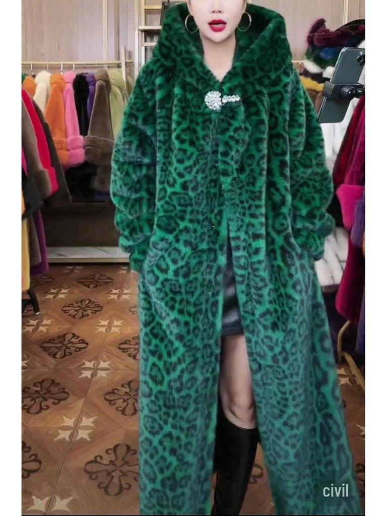 Extra Long Leopard Print Faux Fur Coat - Plus Size Women's Winter Cotton Coat