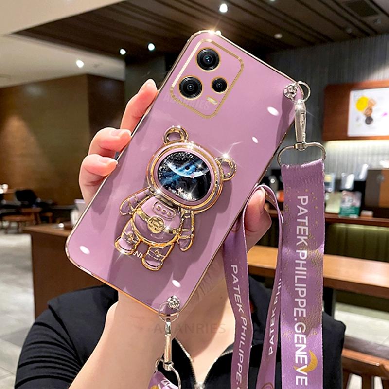 Note12 Crossbody Lanyard Plating Case On For Xiaomi Redmi Note 12 Pro Plus 12pro 5g 12s 4g 11s 11 Astronaut Silicone Stand Cover