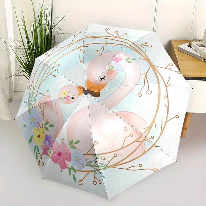 1pc Flamingo Family Floral Wreath: Perfect for Automatic Opening/Closing Umbrellas, Portable 3-Fold Design with 8 Iron Ribs, Outdoor, Festive Gif